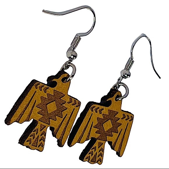 Tribal Aztec style Eagle brown/tan leather embossed dangly earrings NEW - Picture 5 of 7